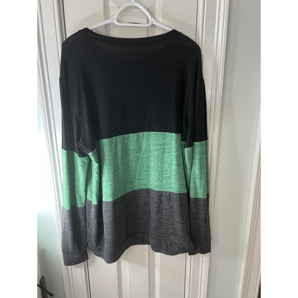 Colorblock Long Sleeve Crew Neck Top Black Green Grey XL Soft Stretch Pullover - Picture 3 of 3